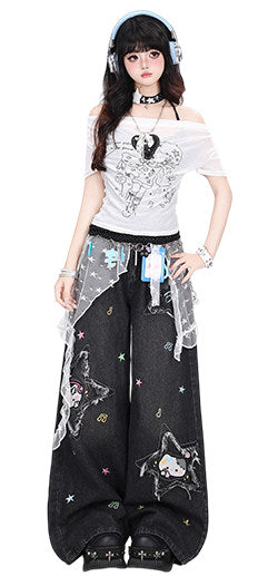 Star Cat Patch Wide-Leg Jeans with Card Holder Charm