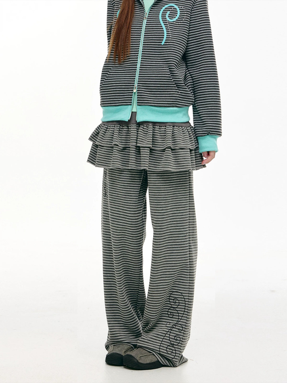 Striped Ruffle-Overlay Wide-Leg Pants