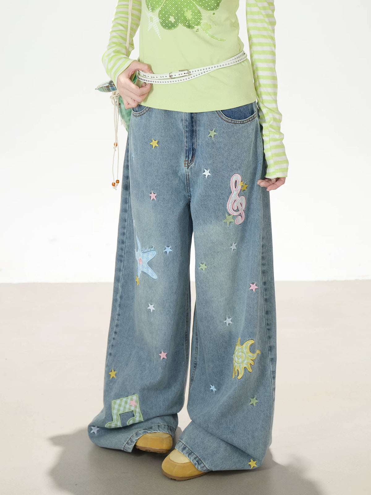 Star Music Note Embroidered Washed Wide-Leg Jeans