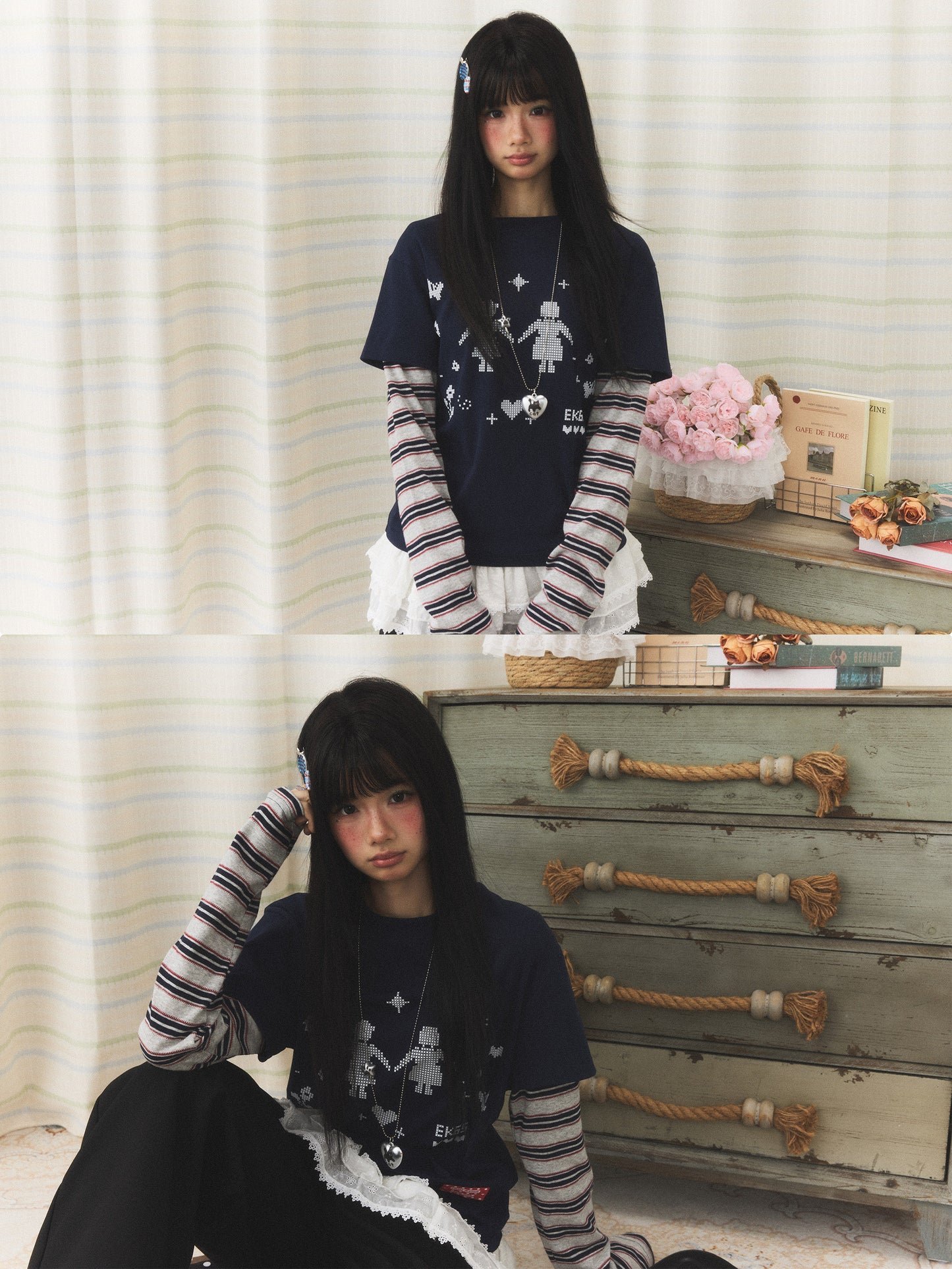Navy Pixel Girl Stripe Faux-Layer Long-Sleeve Tee