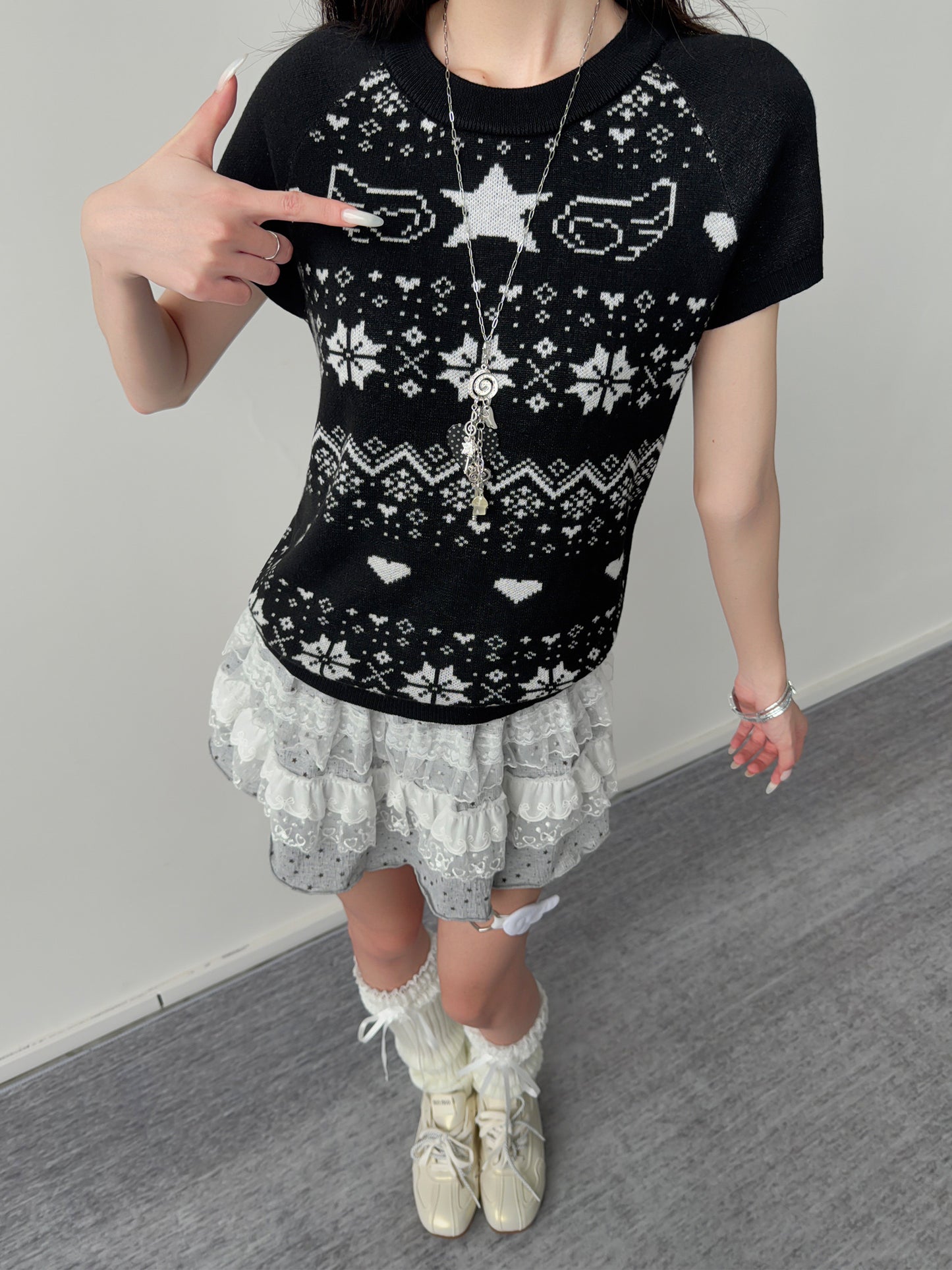 Star Wing Fair Isle Short-Sleeve Knit Top