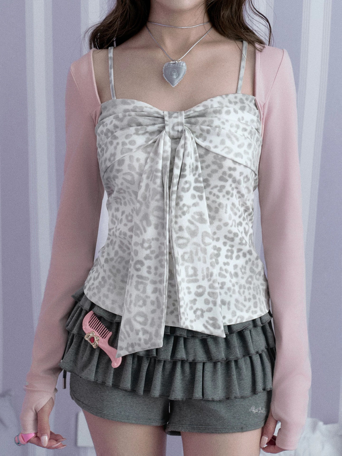 Pink Leopard Bow Faux-Layered Long-Sleeve Top