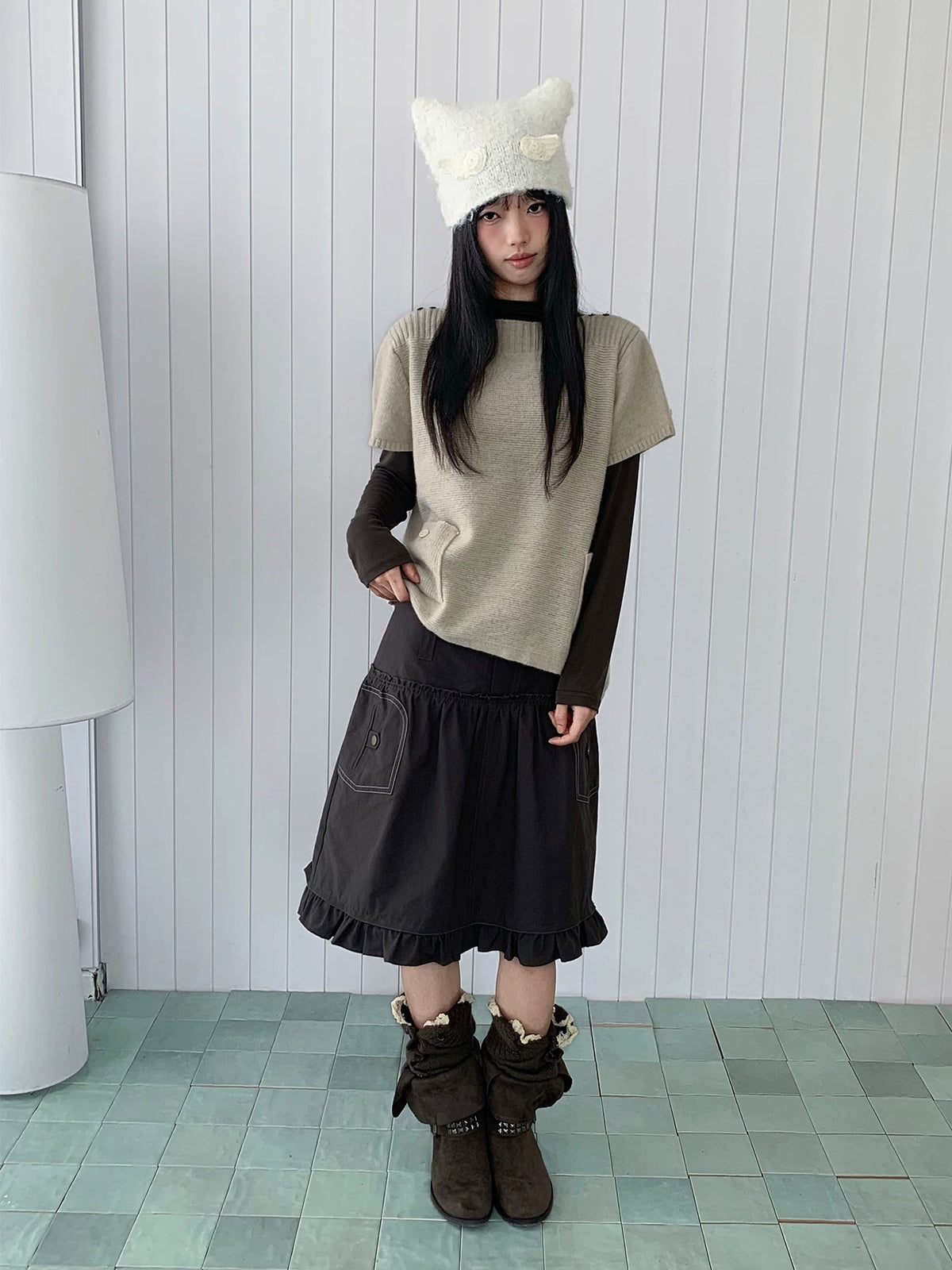 Contrast-Stitch Ruffle-Hem Utility Mini Skirt