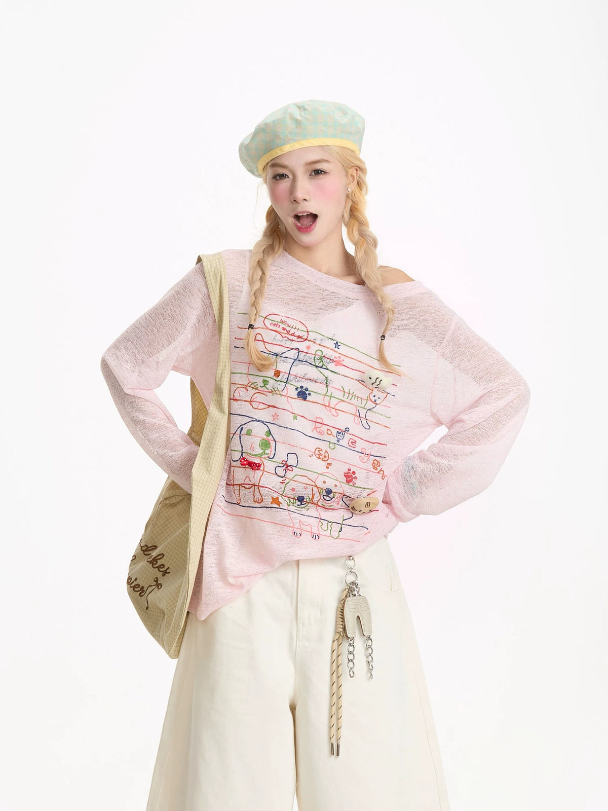 Cat & Puppy Sheer Graphic Long Sleeve Top
