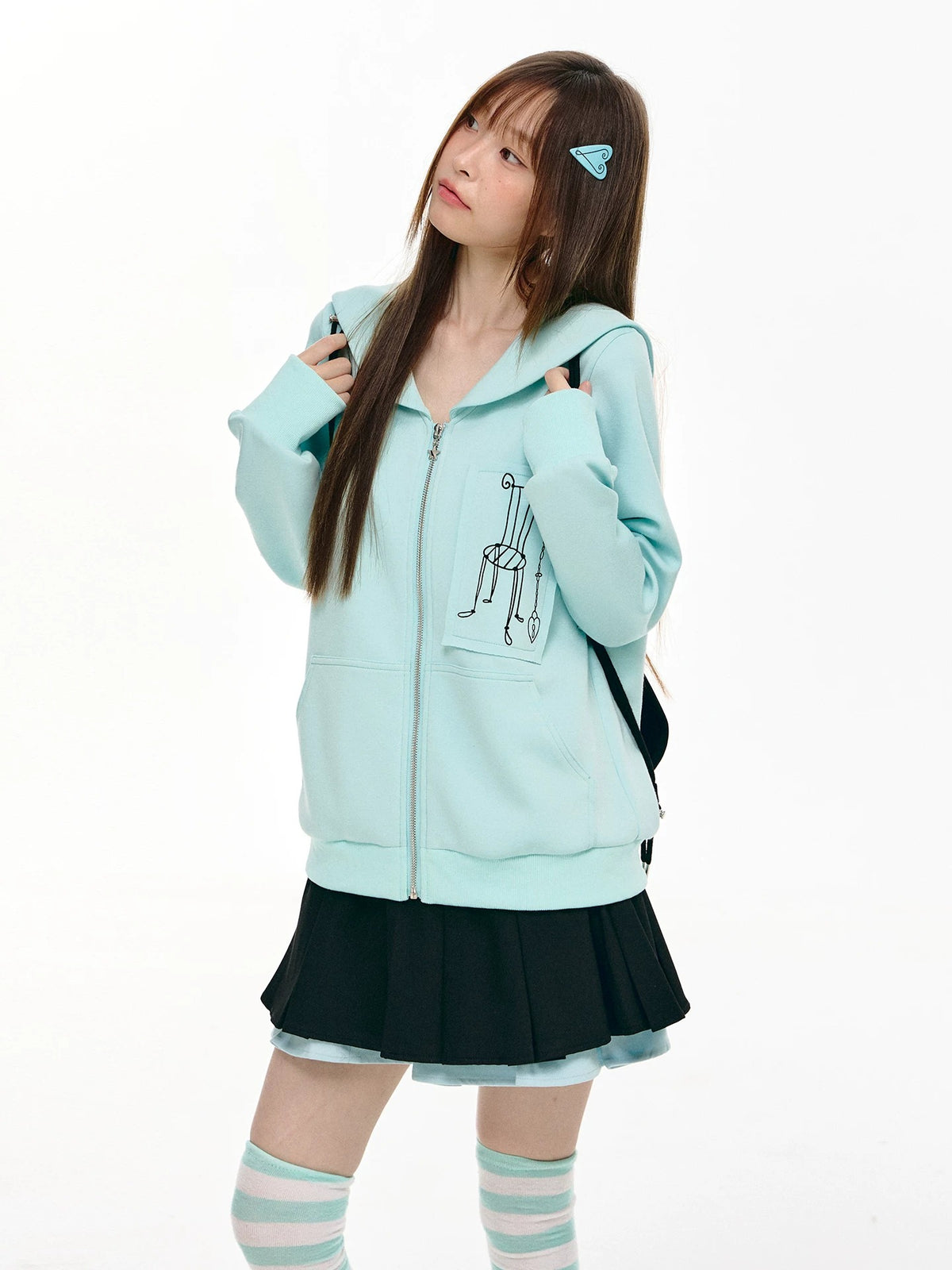 Mint Sailor-Collar Graphic Zip-Up Jacket