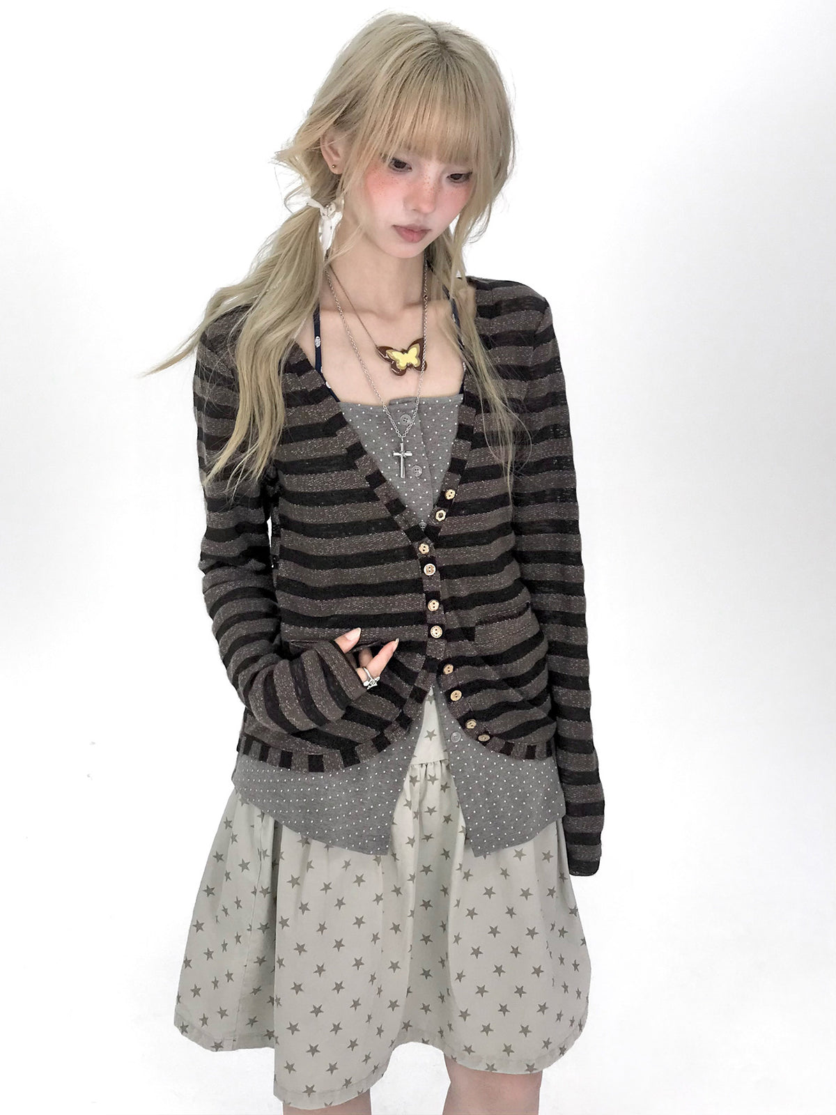 Striped Polka Dot Faux-Layered Button Long Sleeve Top