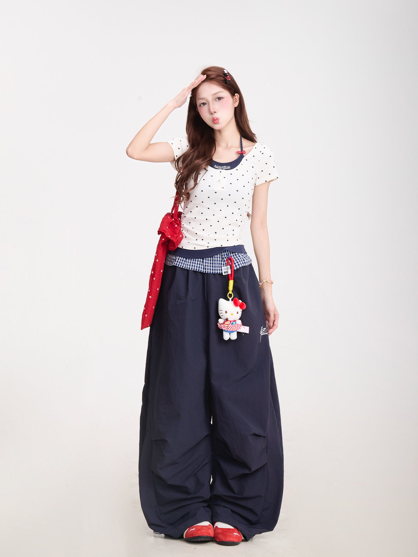 Polka Dot Baby Tee & Navy Wide-Leg Pants