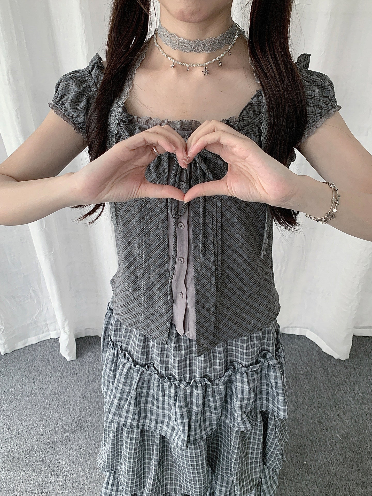 Gray Plaid Tie-Front Layered Puff-Sleeve Top