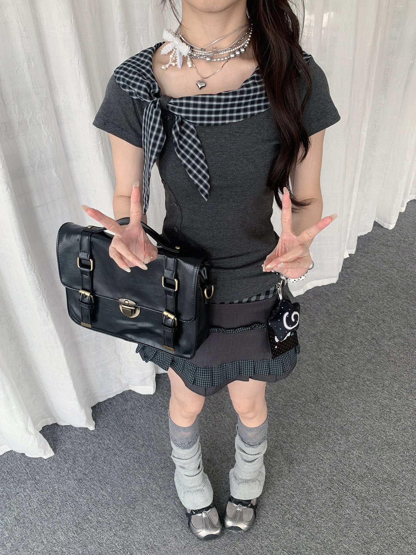 Plaid Scarf-Tie Fitted Tee