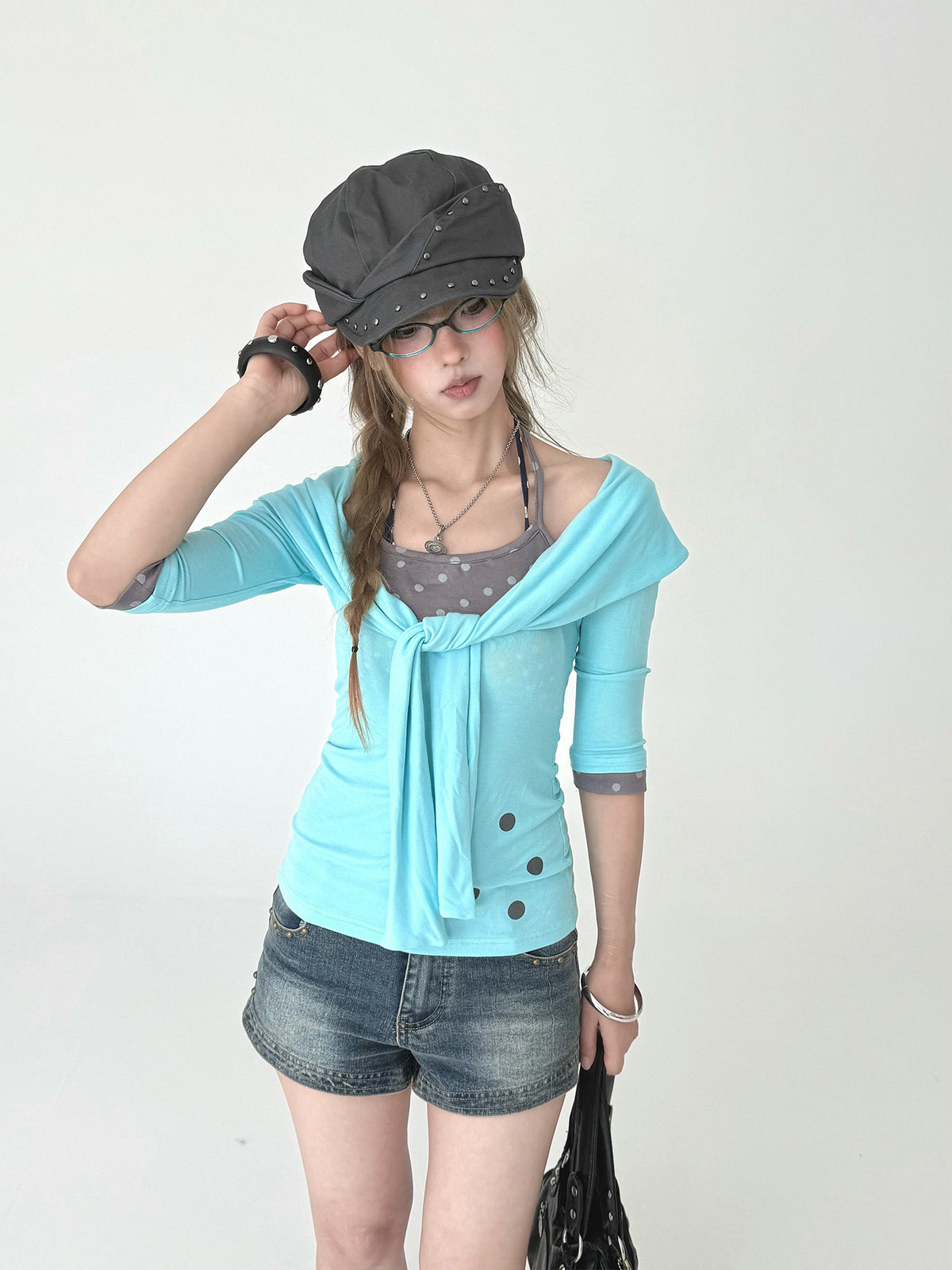 Aqua Tie-Front Faux Layered Henley Top