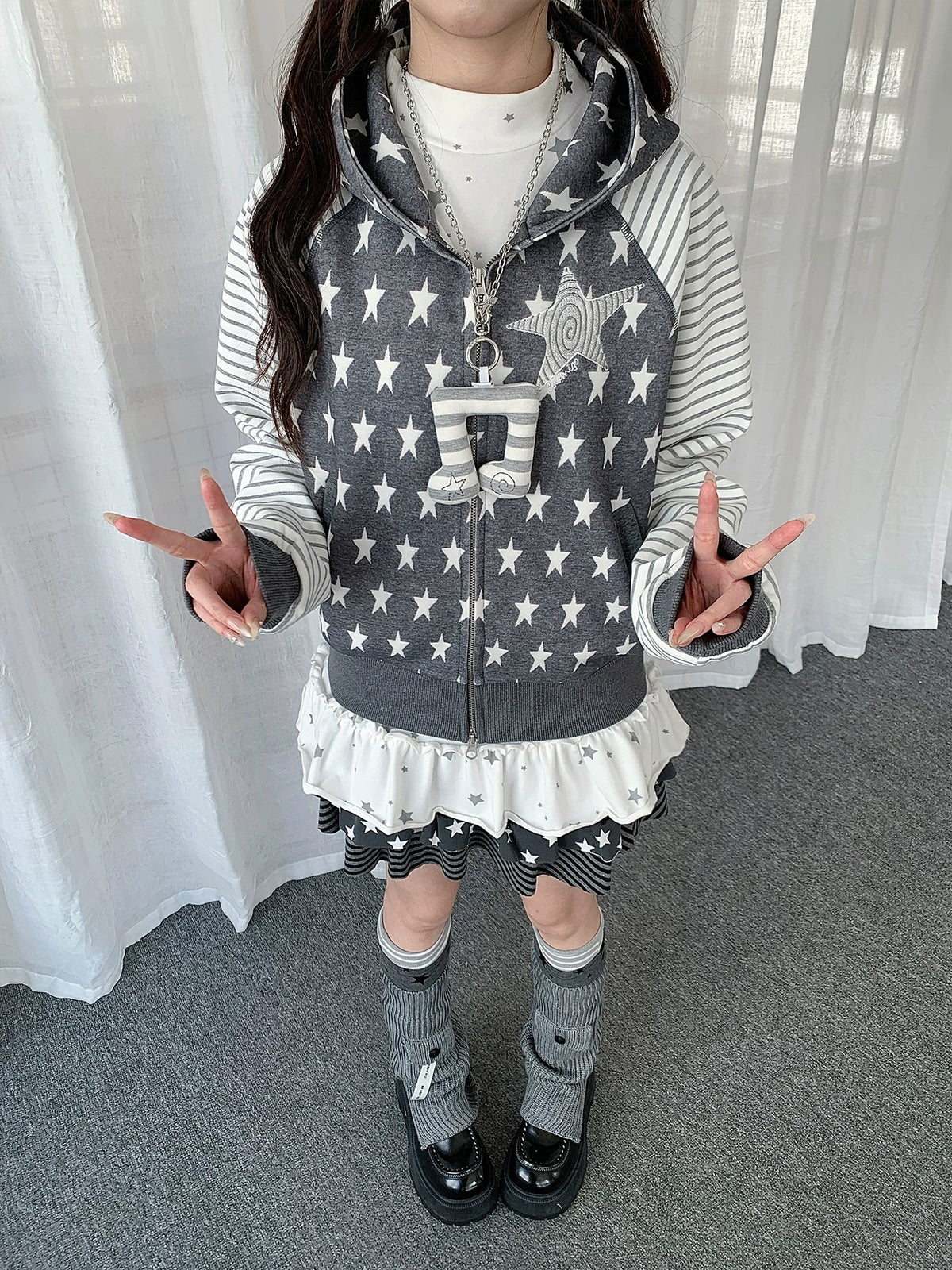 Star & Stripe Patchwork Zip-Up Hoodie