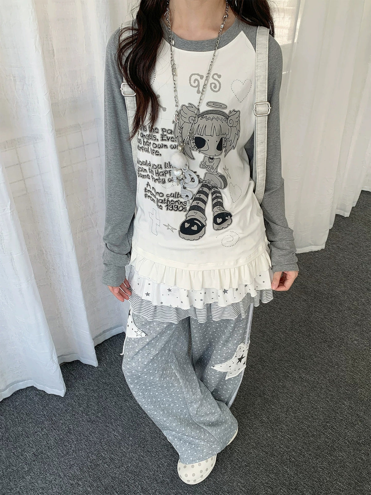 Angel Girl Graphic Raglan Ruffle Long Sleeve Top