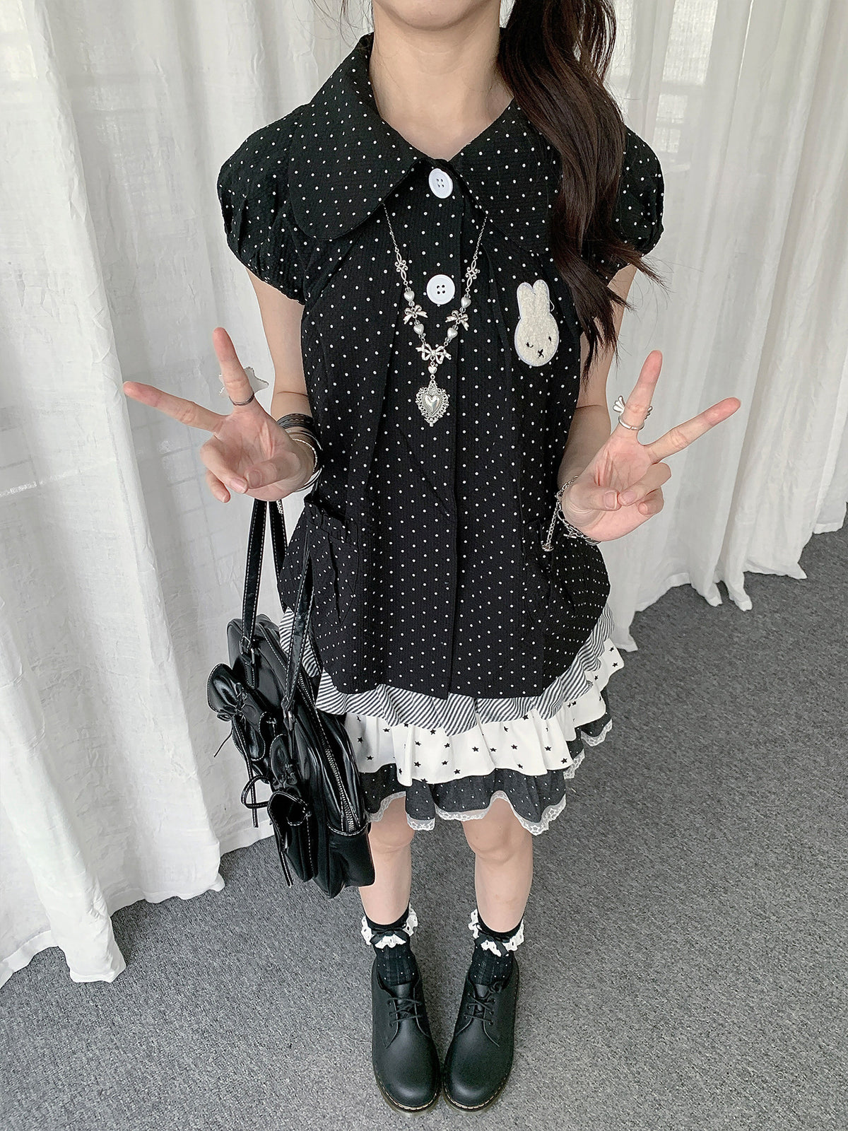Polka Dot Bunny Patch Puff-Sleeve Shirt