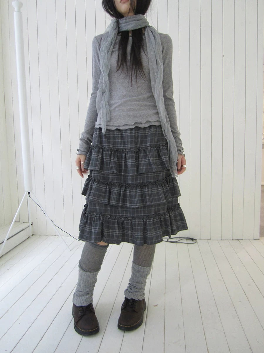 Vintage Gray Plaid Tiered Ruffle Skirt