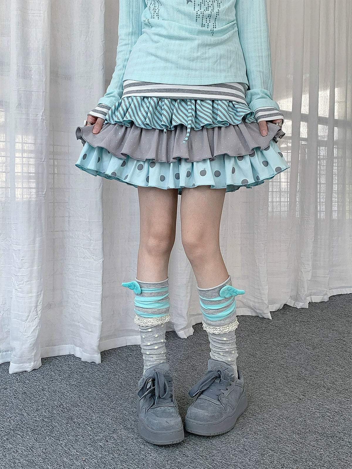Polka Dot Stripe Tiered Mini Skirt