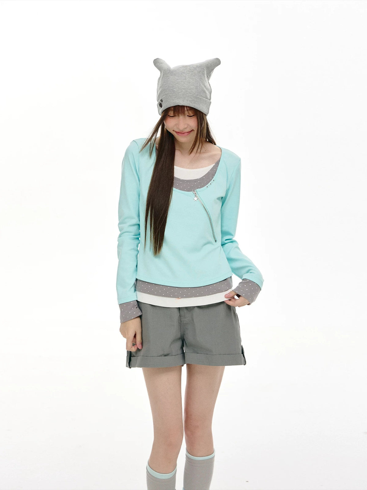 Triple-Layer Polka Dot Asymmetric Zip Long Sleeve Top