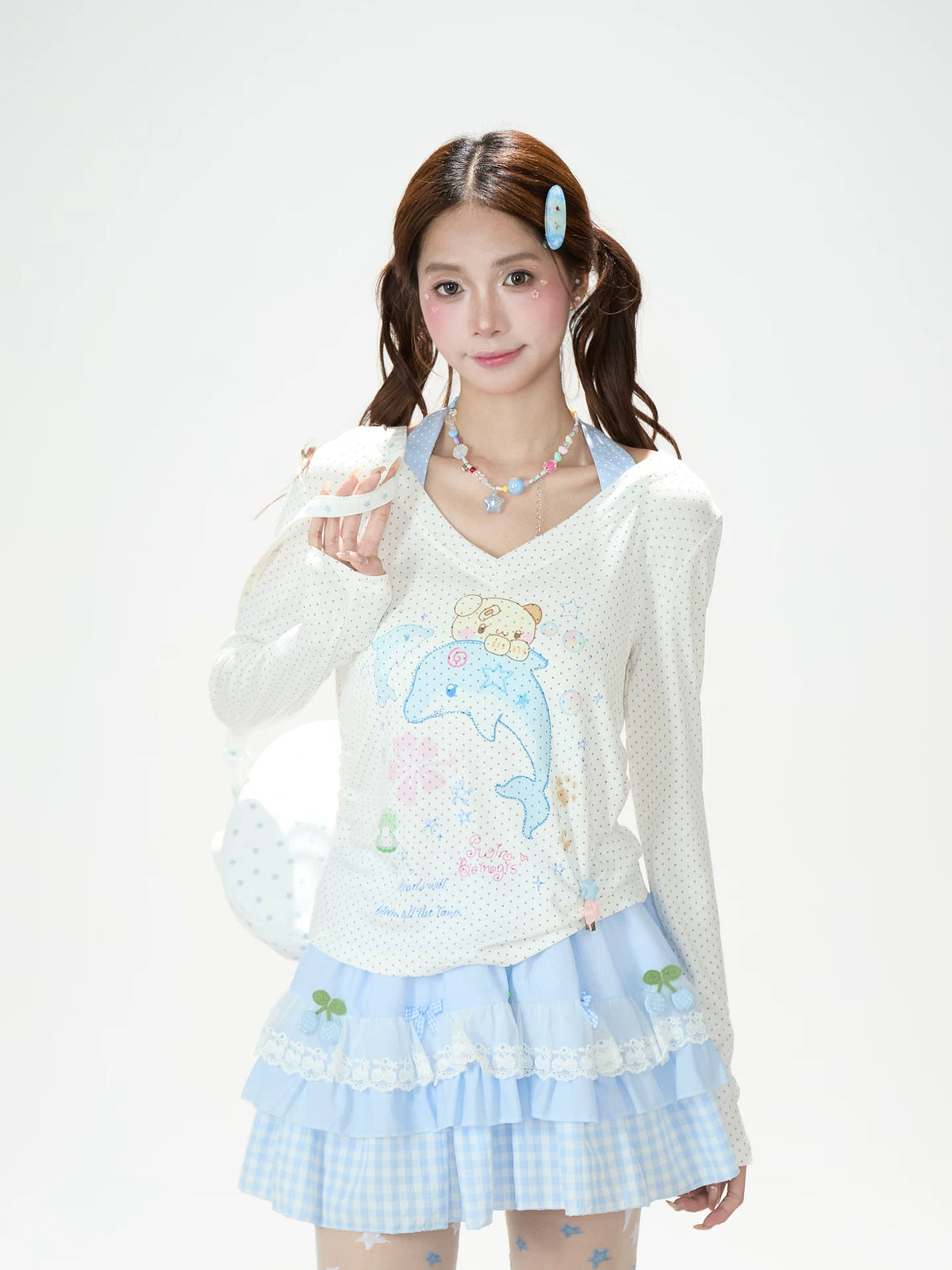 Dreamy Dolphin Polka-Dot V-Neck Long Sleeve Top & Gingham Ruffle Mini Skirt