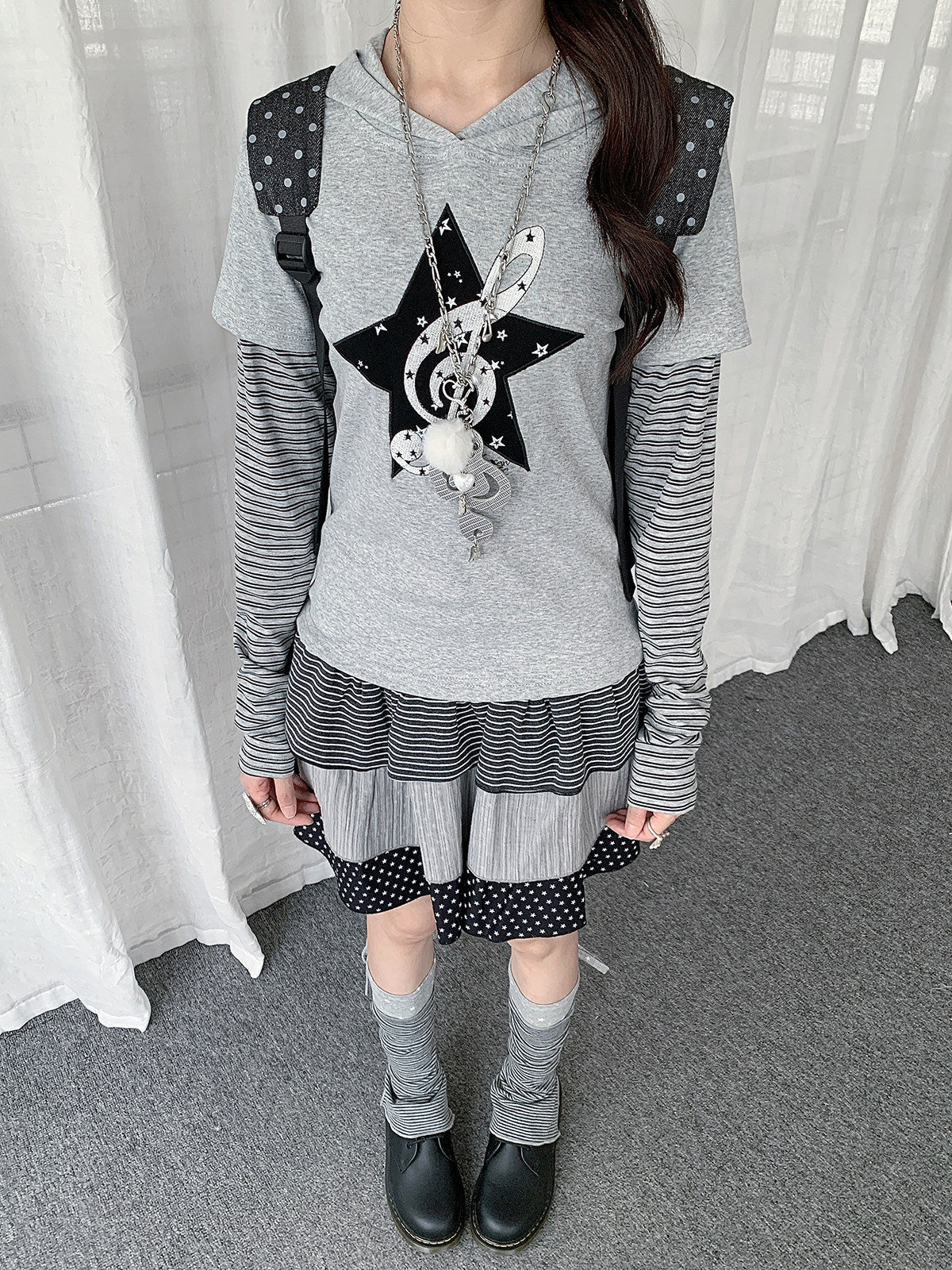 Star Music Note Layered Hooded Long Sleeve Top