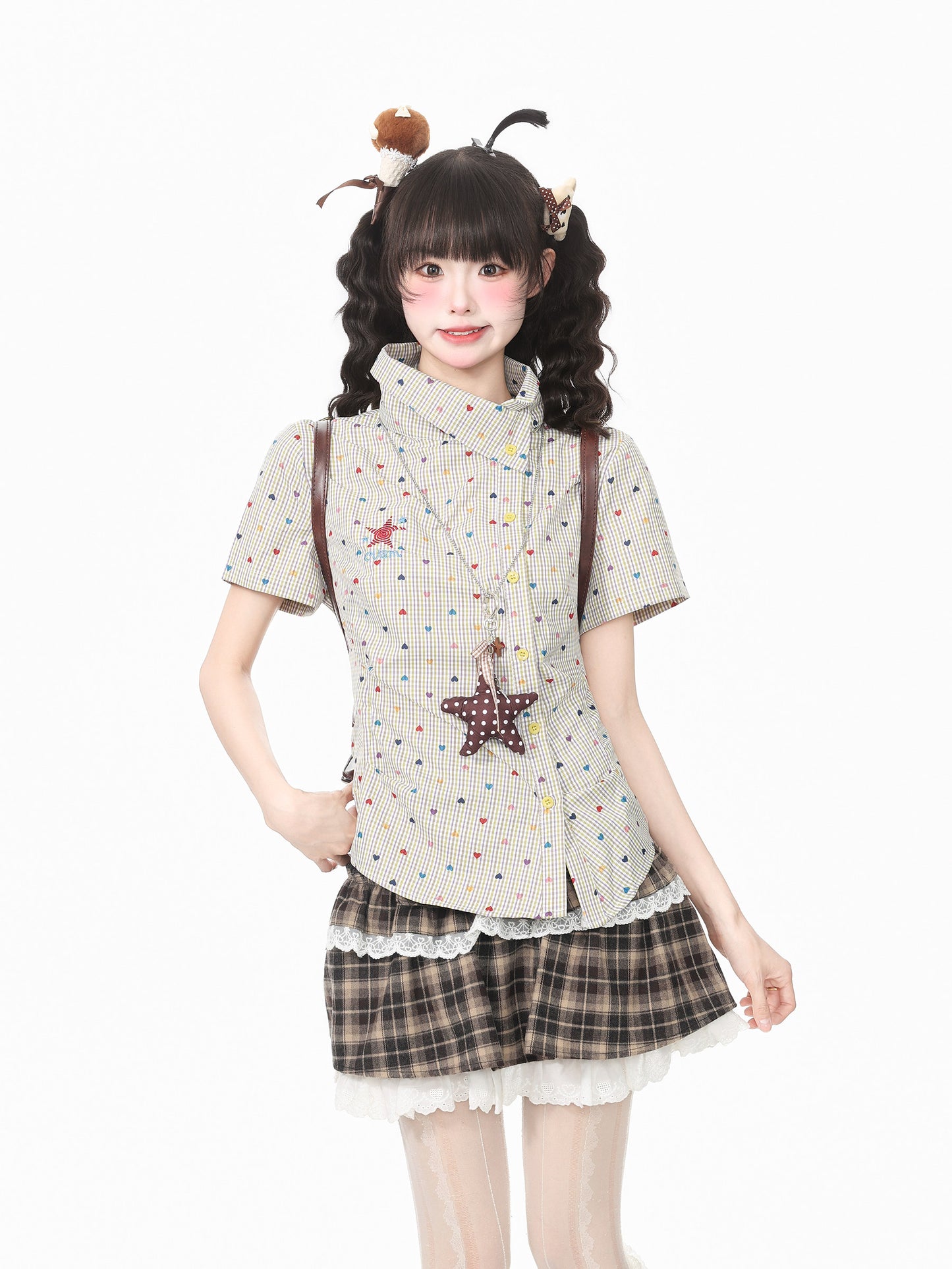 Rainbow Heart Plaid Fitted Short-Sleeve Shirt