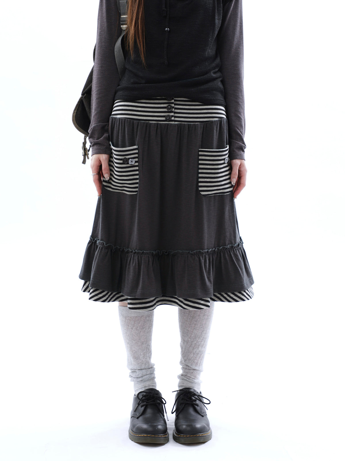 Striped Pocket Ruffle Layered Midi Skirt