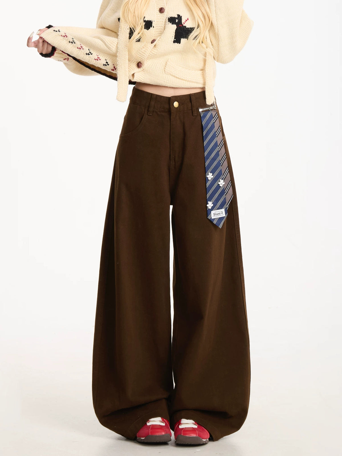Curved-Leg Wide-Leg Pants with Detachable Tie
