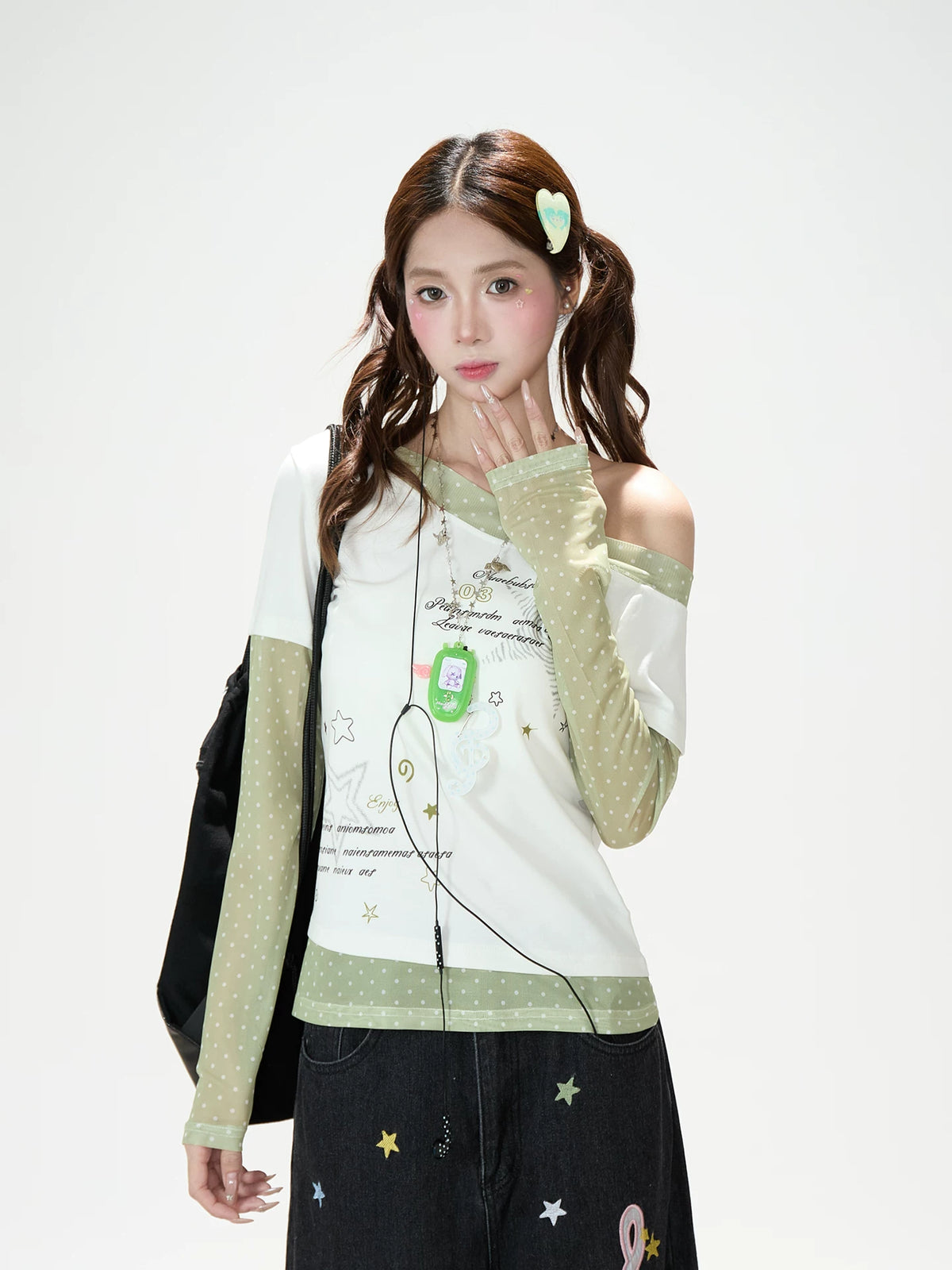 Star Polka-Dot Off-Shoulder Layered Long Sleeve Top & Music Note Star Wide-Leg Jeans