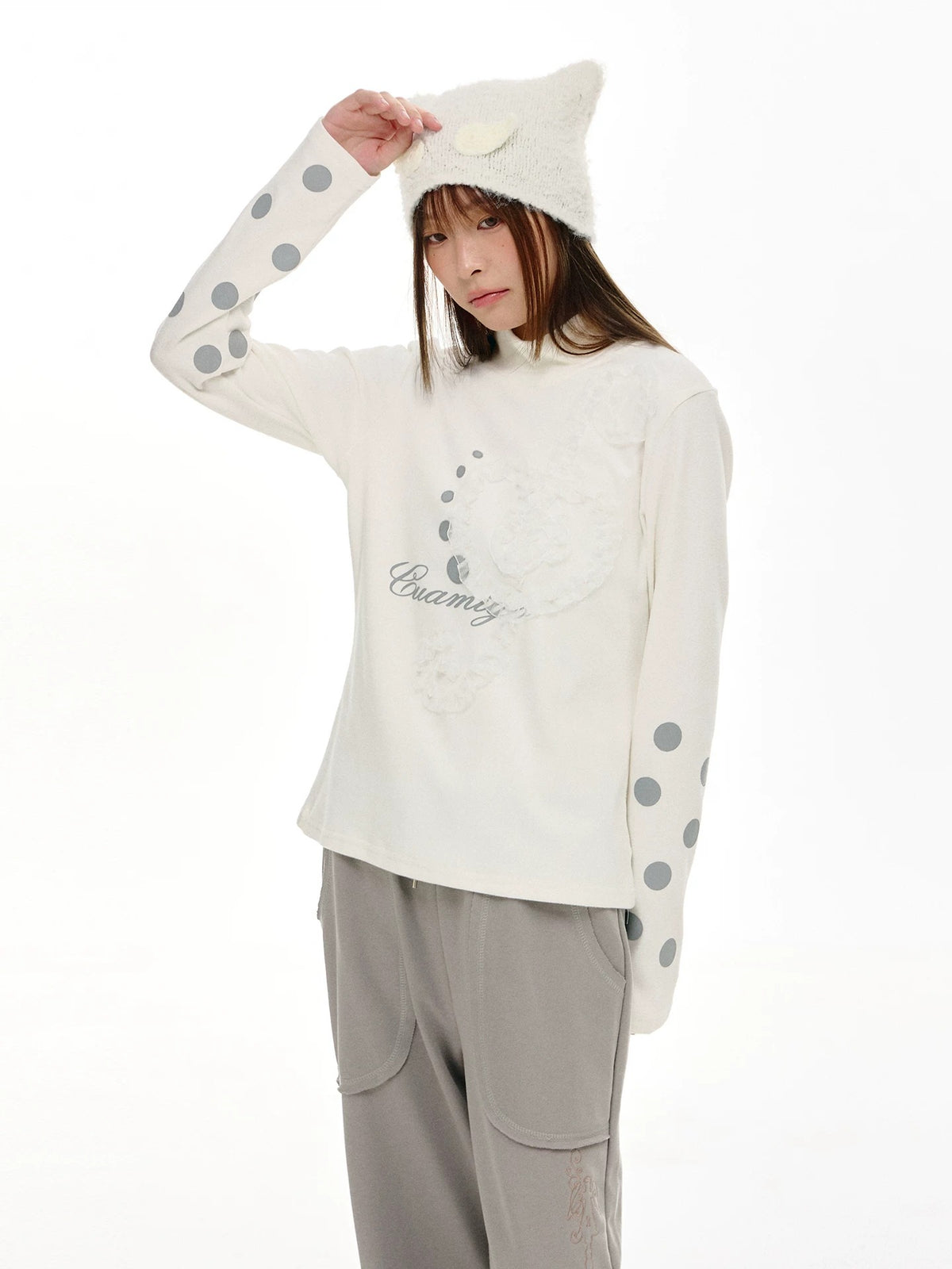 Lace Music Note Appliqué Mock Neck Long Sleeve Top