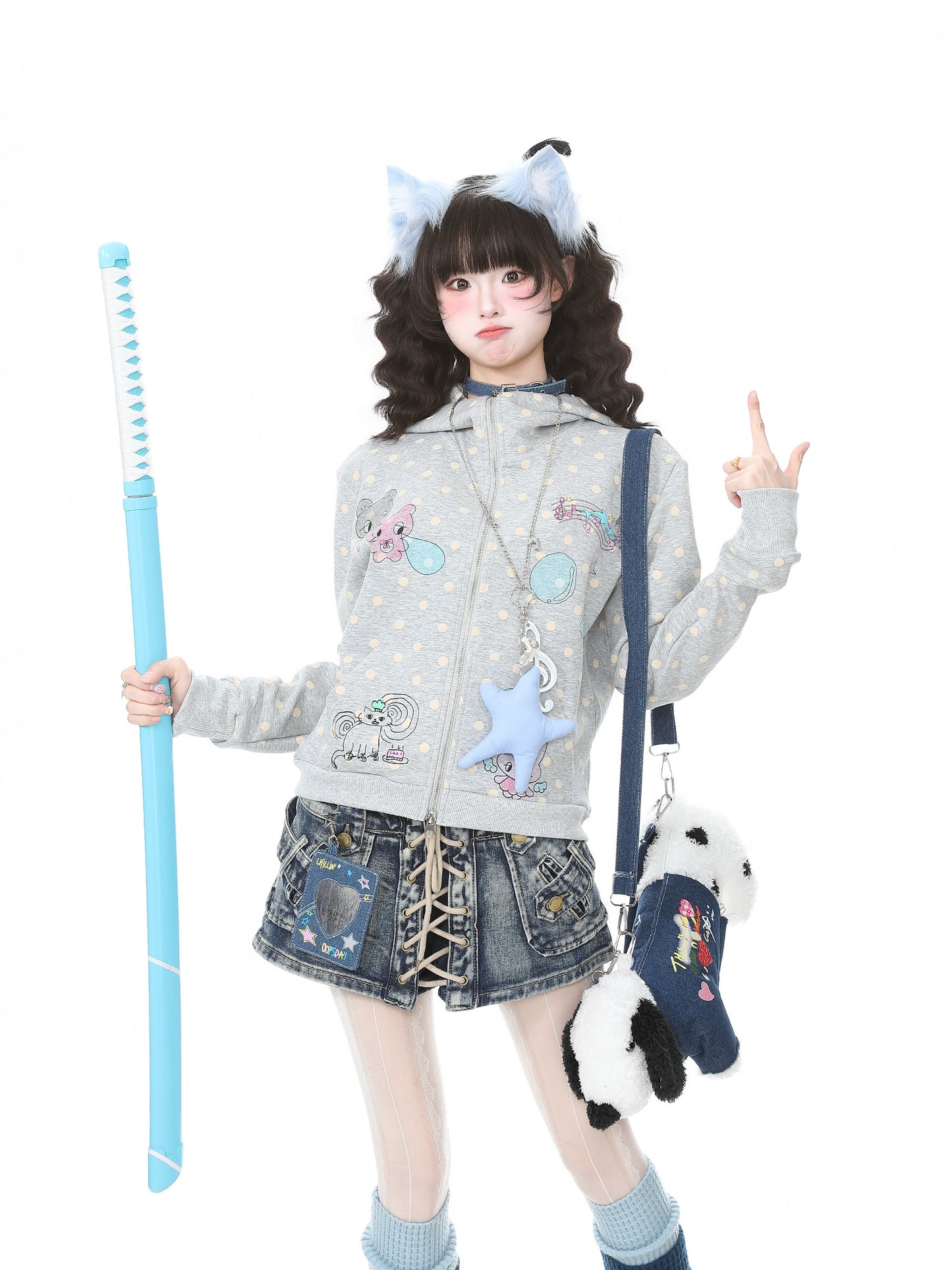 Pastel Doodle Polka Dot Cropped Zip Hoodie