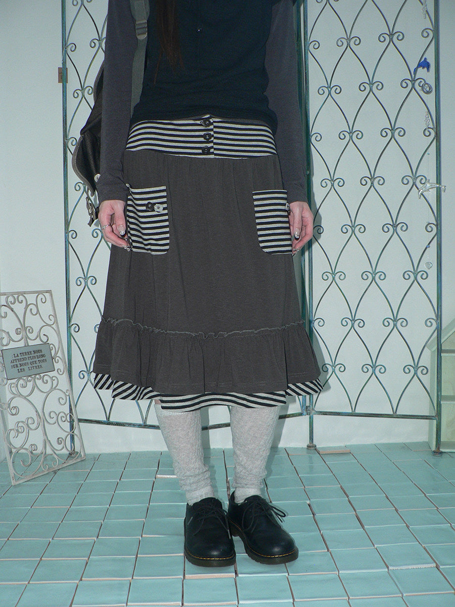 Striped Pocket Ruffle Layered Midi Skirt