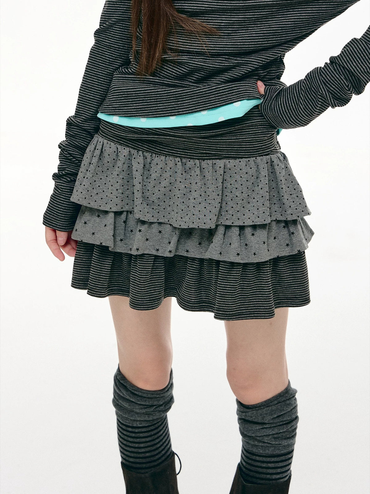Charcoal Dot & Star Tiered Ruffle Mini Skirt