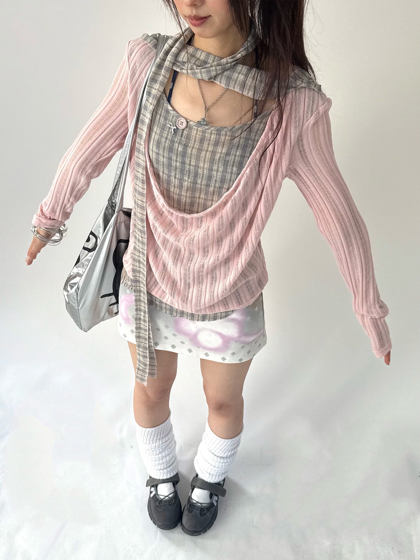 Dusty Pink Plaid Cowl-Neck Layered Top