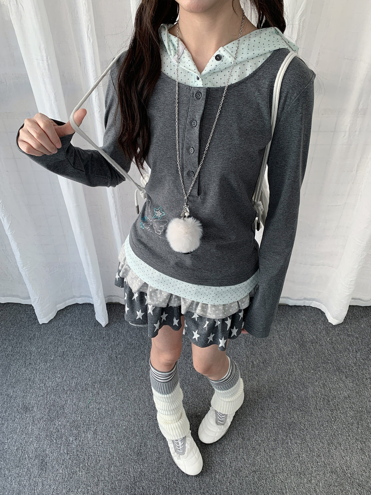 Polka Dot Layered Hooded Long Sleeve Top