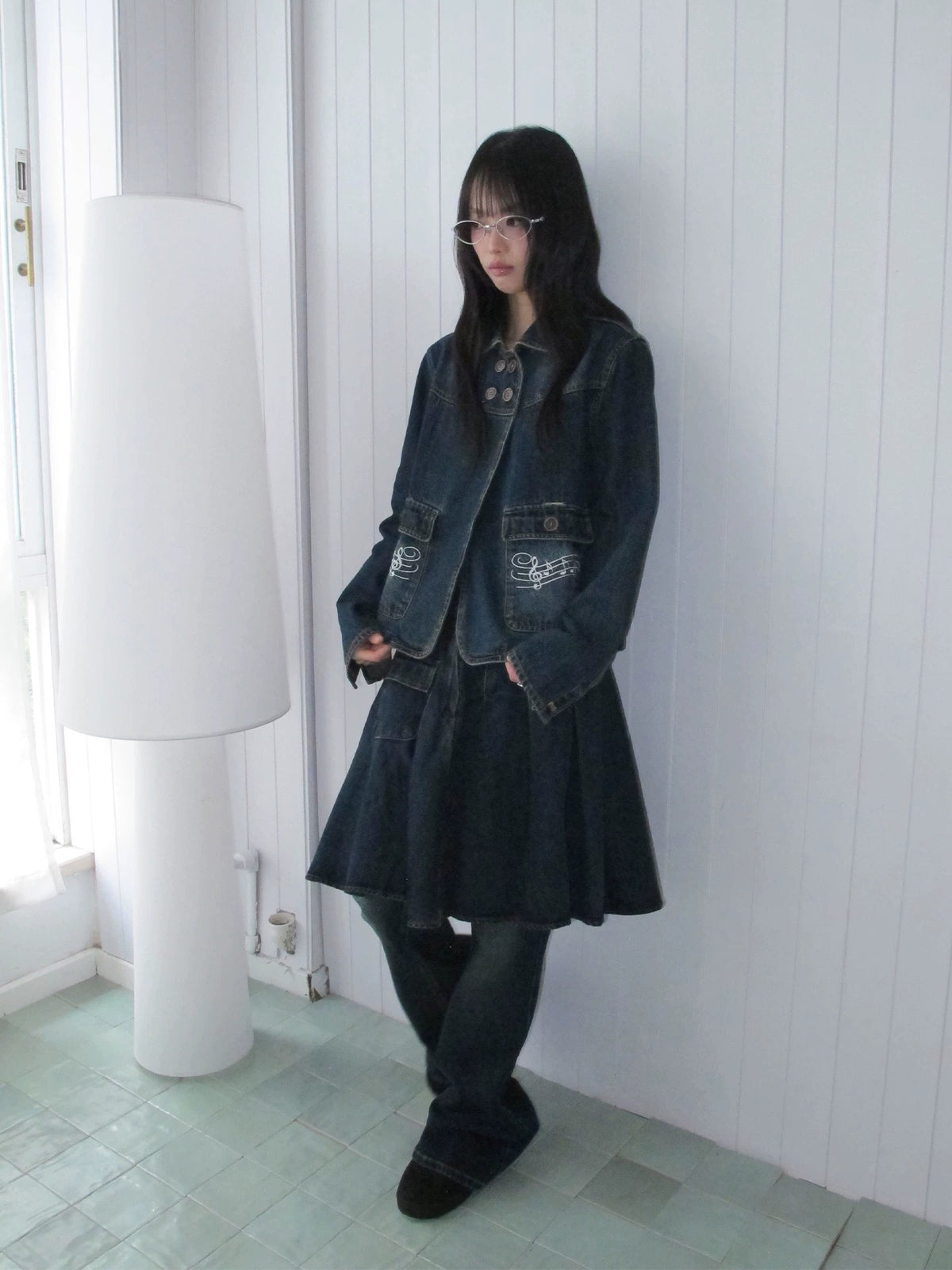 Washed Denim Utility Pleated Skirt