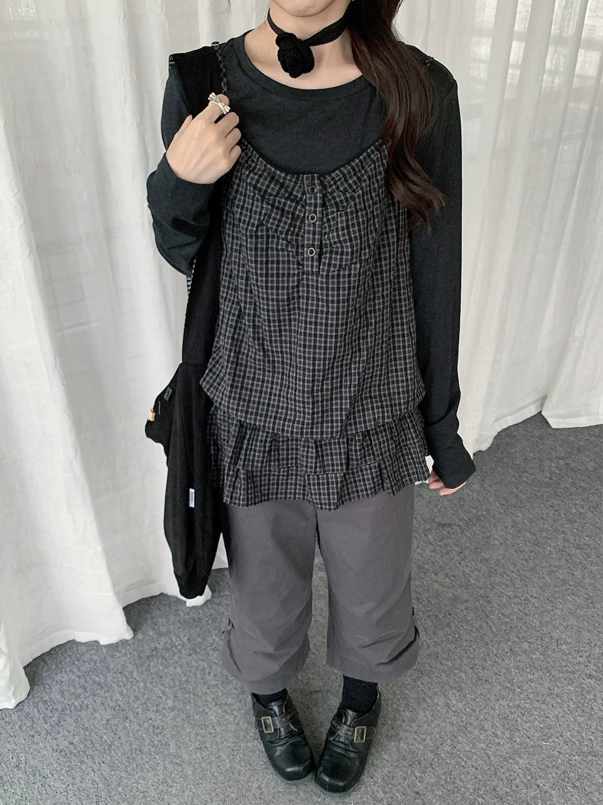 Plaid Cami & Long Sleeve Layered Two-Piece Top Set