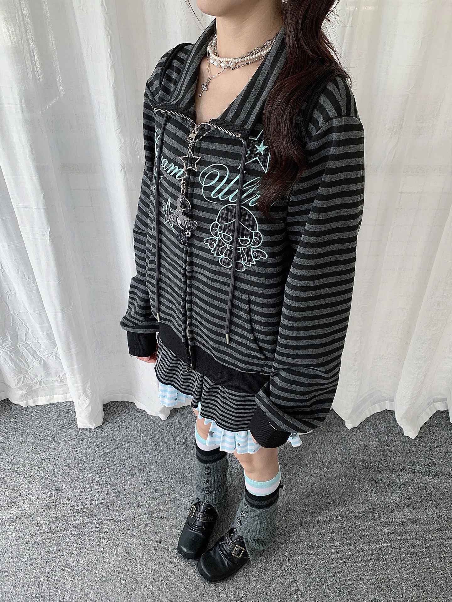 Star Charm Striped Embroidered Zip-Up Jacket