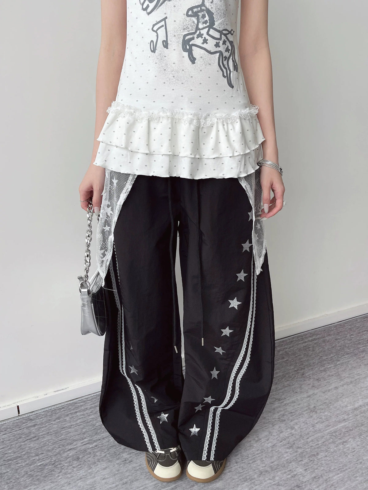 Star Lace Overlay Wide-Leg Parachute Pants