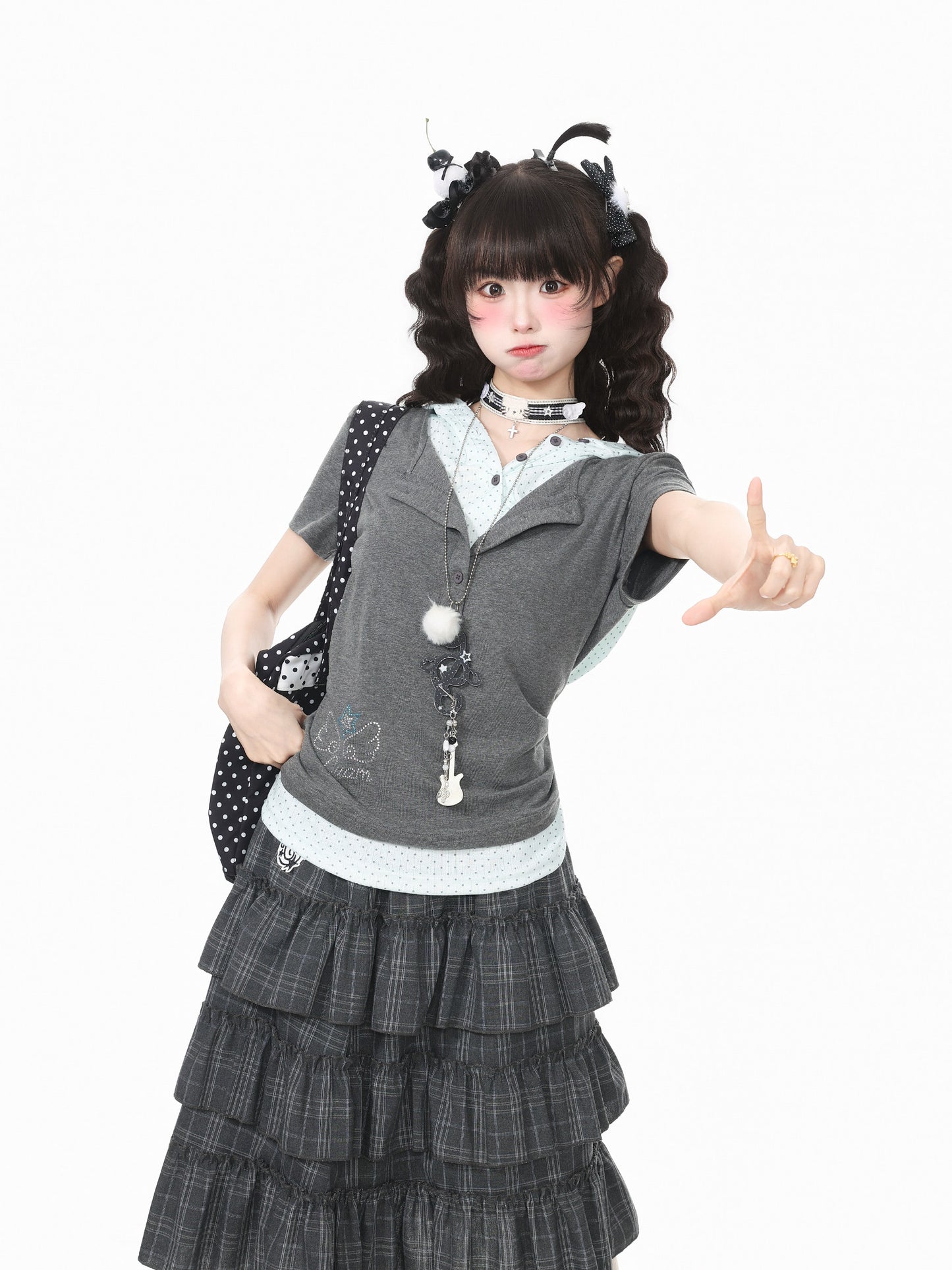 Starry Rhinestone Polka Dot Layered Hood Tee
