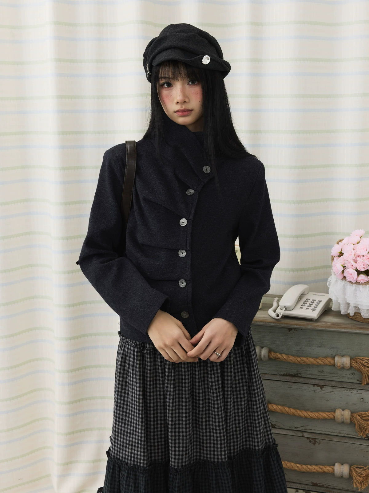Asymmetric Pleated Collar Cropped Button Jacket