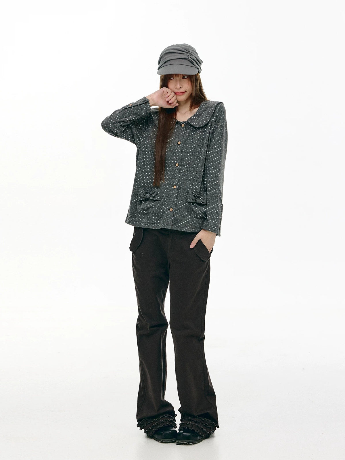 Charcoal Polka Dot Peter Pan Collar Button Shirt
