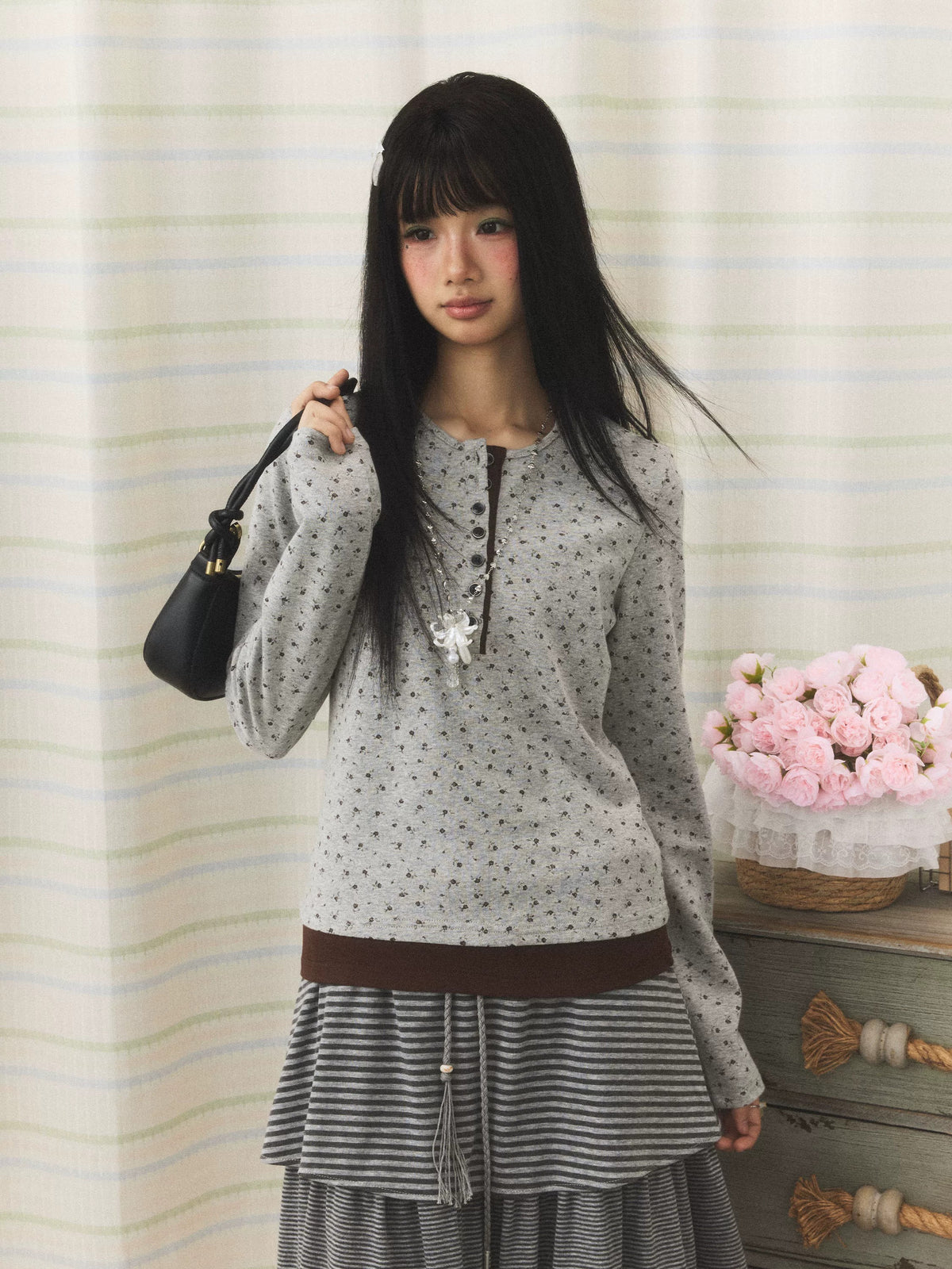 Floral Henley Faux-Layer Long Sleeve Top