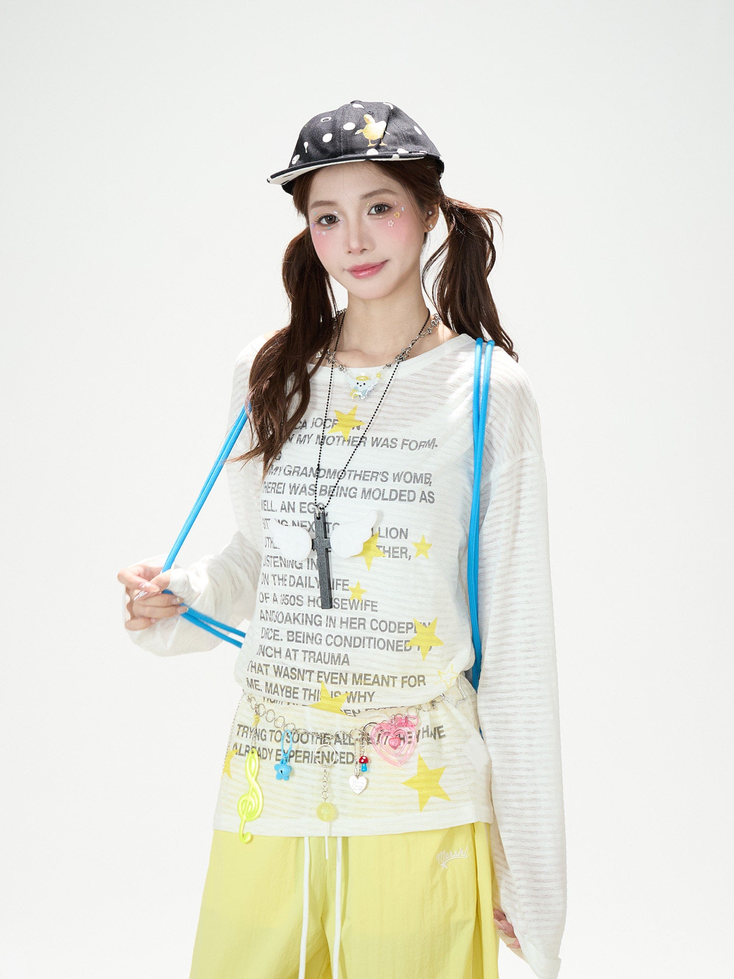 Star Stripe Sheer Long Sleeve Top & Gray Striped Drawstring Shorts