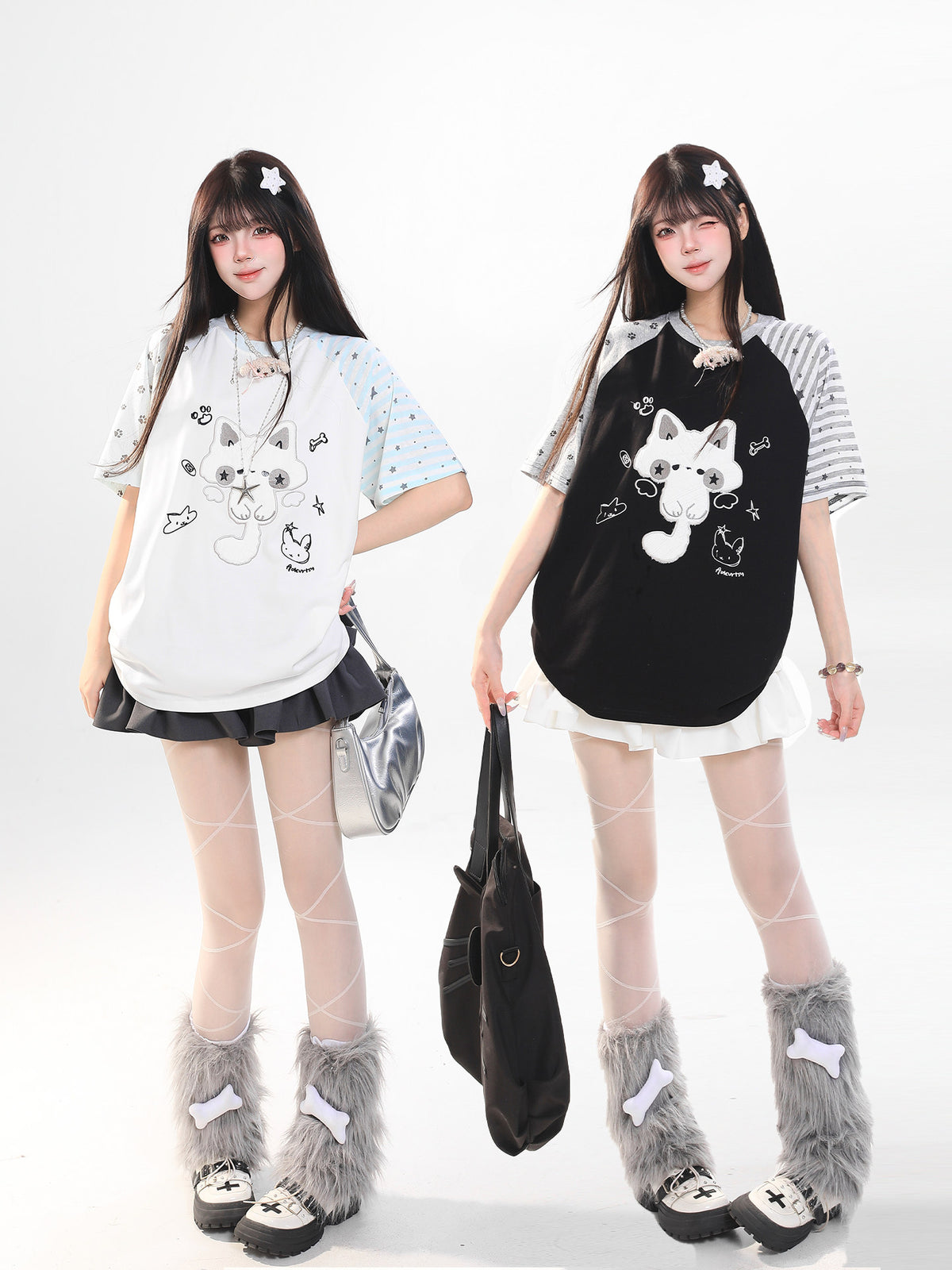 Mismatch Sleeve Kitty Graphic Oversized Tee