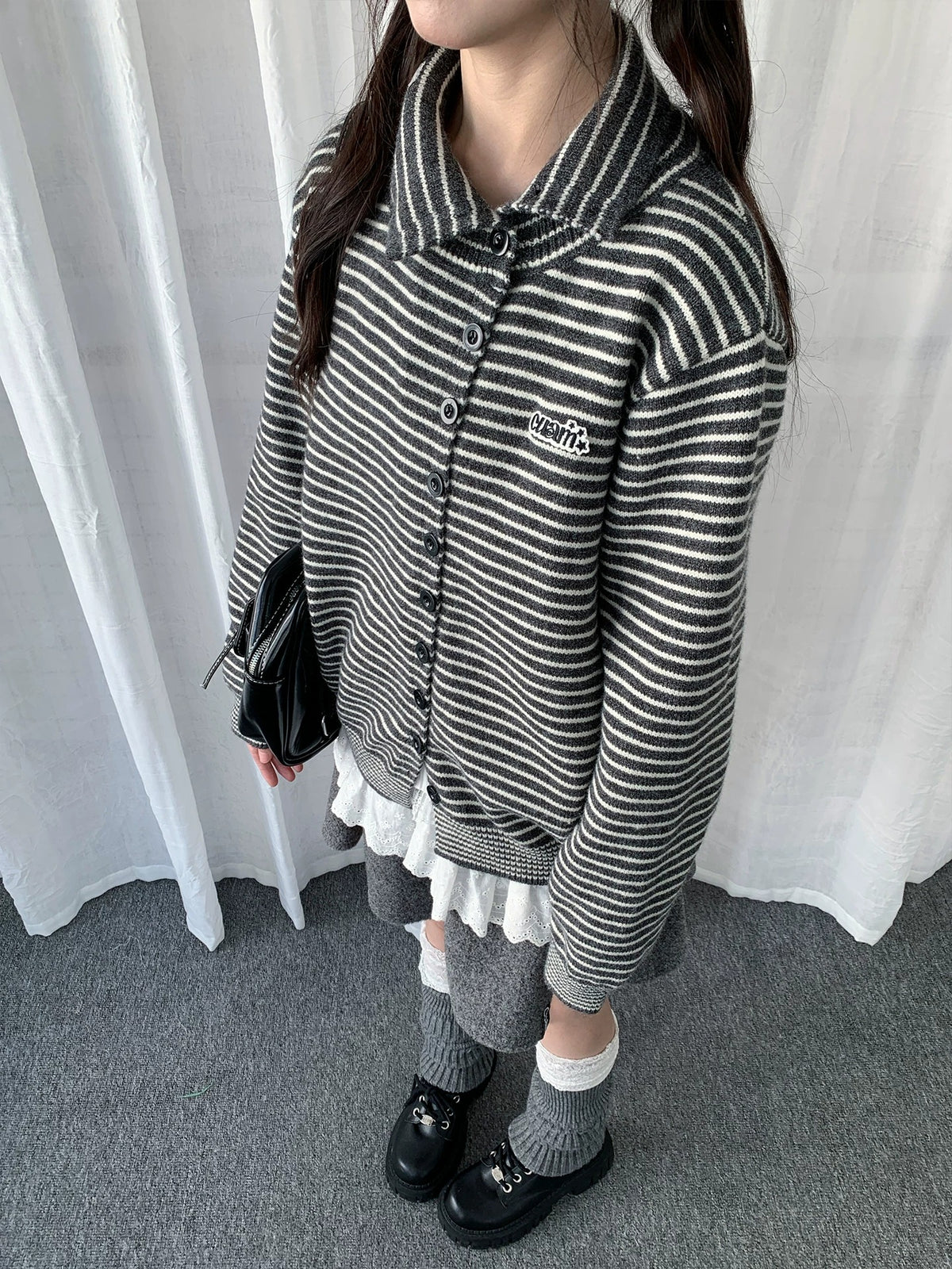 Striped Polo-Collar Knit Cardigan