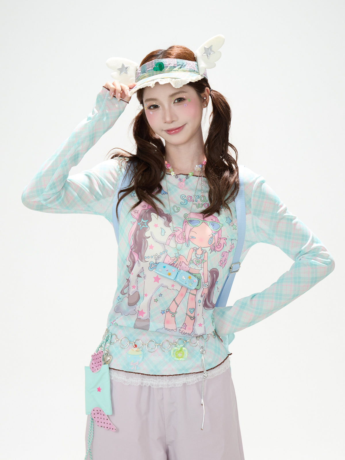 Pastel Anime Plaid Long Sleeve Top & Camo Lace-Trim Midi Skirt