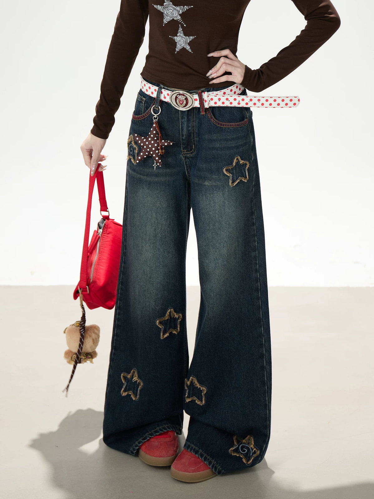 Frayed Star Patch Washed Wide-Leg Jeans