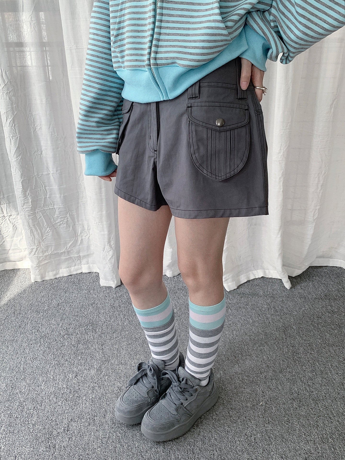 Contrast-Stitch Utility Pocket Shorts