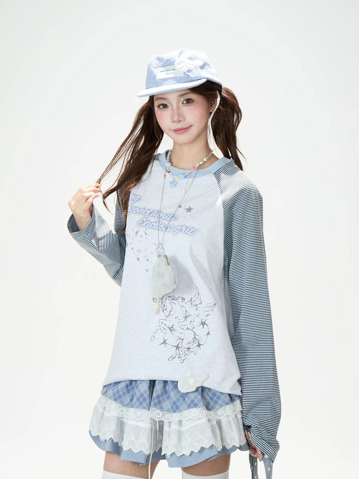 Striped Raglan Angel Graphic Long Sleeve Tee & Blue Plaid Lace Ruffle Skirt