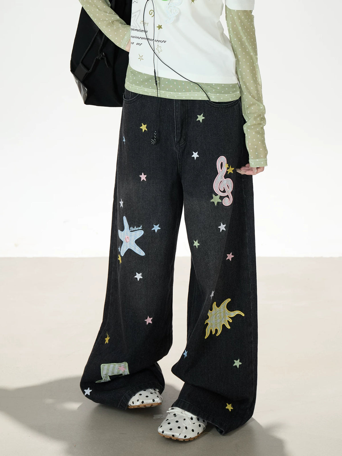 Music Note & Star Embroidered Washed Wide-Leg Jeans