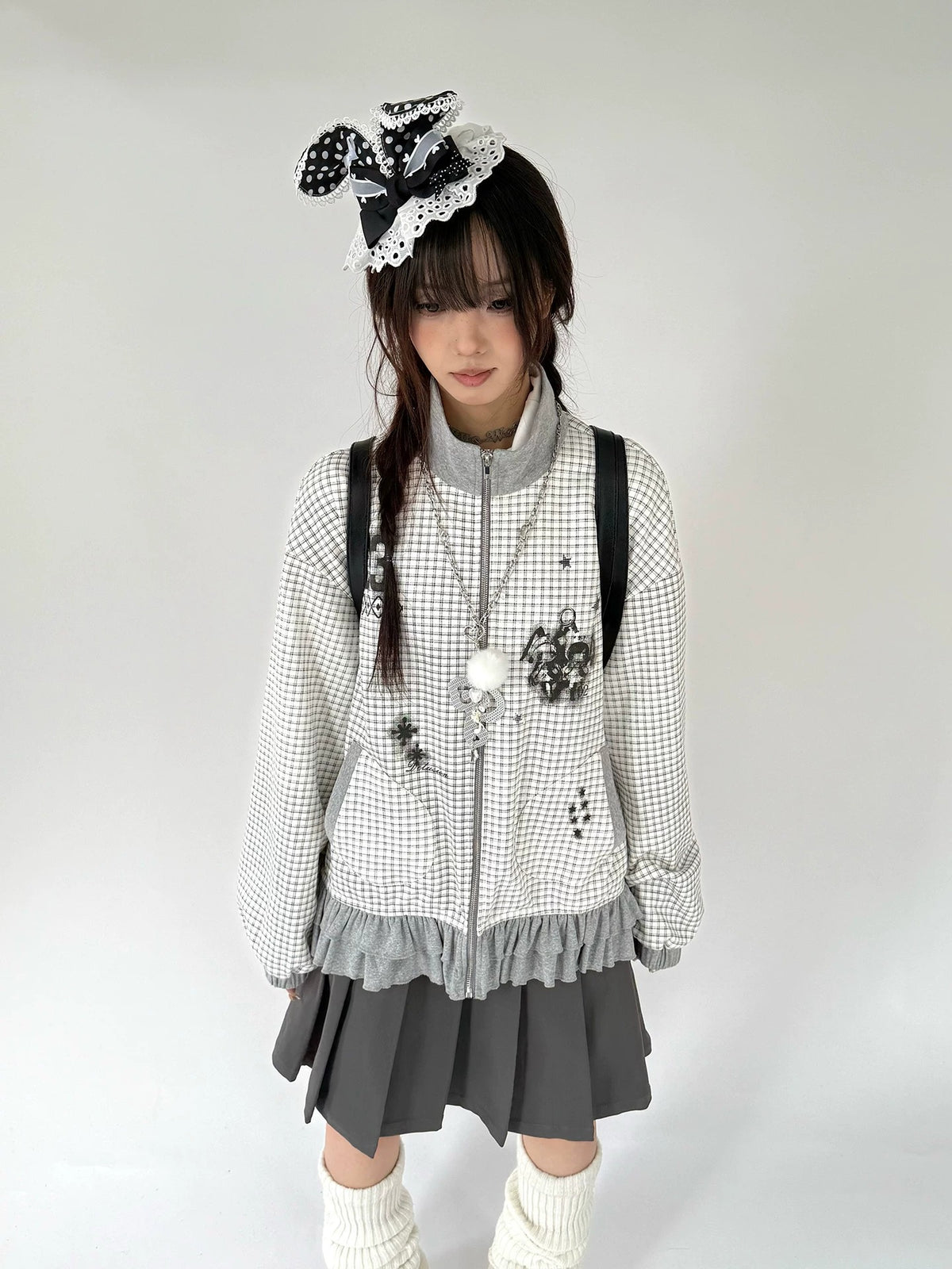 Sugar Check Graphic Ruffle-Hem Zip-Up Jacket