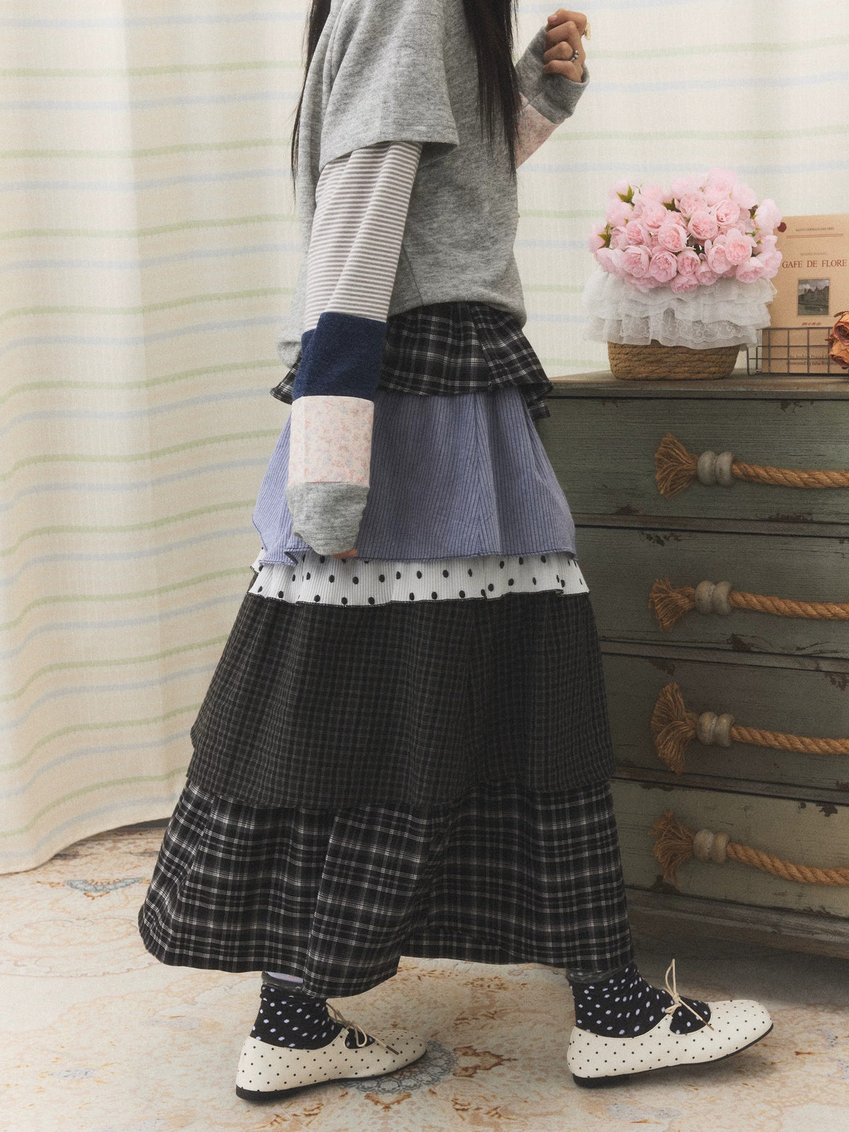 Mixed Plaid Tiered Patchwork Midi Skirt